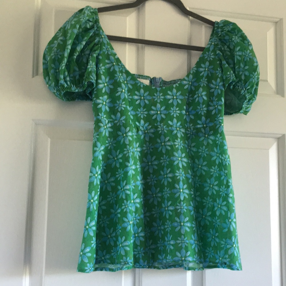 NWOT De Loreta green floral puff sleeve top M